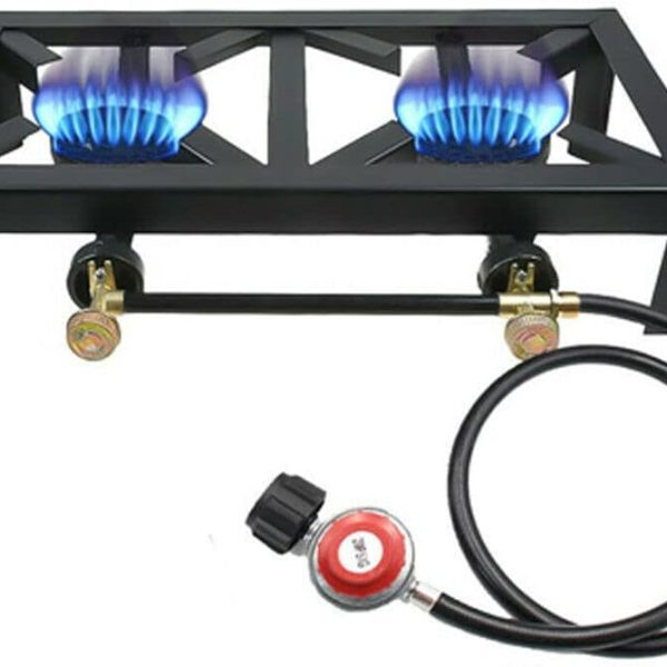Portable Double Burner Outdoor Gas Stove Propane Cooker with Adjustable 0-20Psi Regulator Hose for Patio Camping, BBQ, Home Brewing, Turkey Fry, Maple Syrup Prep
