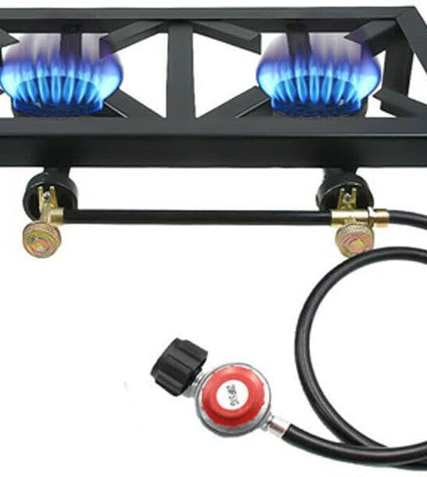 Portable Double Burner Outdoor Gas Stove Propane Cooker with Adjustable 0-20Psi Regulator Hose for Patio Camping, BBQ, Home Brewing, Turkey Fry, Maple Syrup Prep