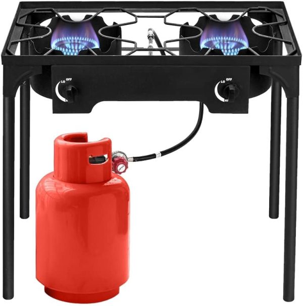 Propane Burner, Outdoor Camping Stove with High Pressure Braided Hose, 0-20 PSI Regulator, Gas Stove, Portable Propane Stove for Tailgating, Home Brewing, BBQ, Cooking (Dual Burner, 150000 BTU)