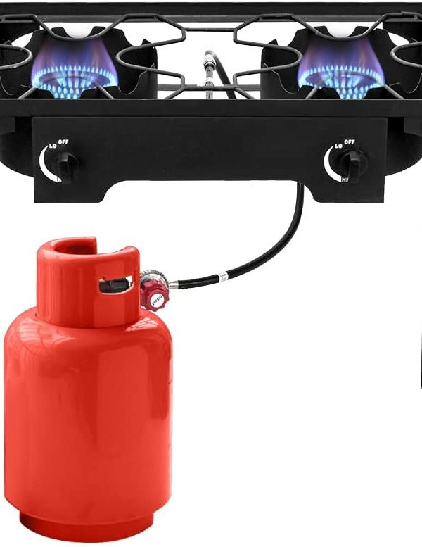 Propane Burner, Outdoor Camping Stove with High Pressure Braided Hose, 0-20 PSI Regulator, Gas Stove, Portable Propane Stove for Tailgating, Home Brewing, BBQ, Cooking (Dual Burner, 150000 BTU)