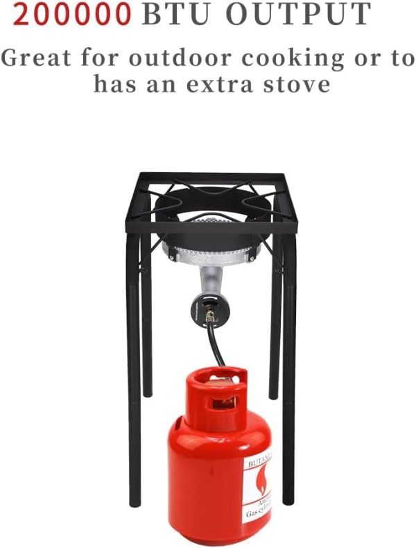 Propane Burner, Outdoor Camping Stove with High Pressure Braided Hose, 0-20 PSI Regulator, Gas Stove, Portable Propane Stove for Tailgating, Home Brewing, BBQ, Cooking (Single Burner, 200000 BTU)