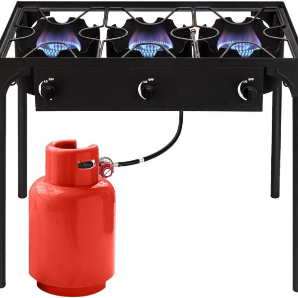 Propane Burner, Outdoor Camping Stove with High Pressure Braided Hose, 0-20 PSI Regulator, Gas Stove, Portable Propane Stove for Tailgating, Home Brewing, BBQ, Cooking (Three Burner, 225000 BTU)