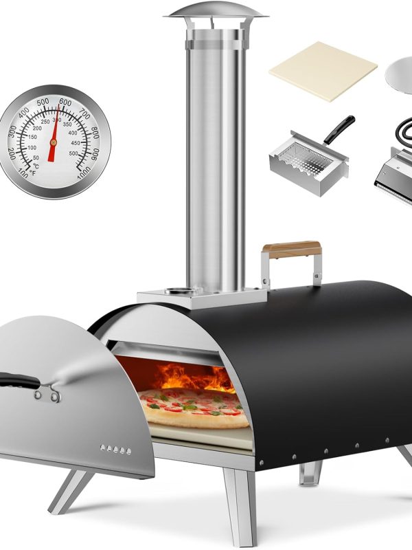 Multi-Fuel Pizza Oven Outdoor, 12" Portable Wood and Gas Fired Pizza Oven with Thermometer,Gas Hose & Pizza Stone,Heats up to 1000°F,Stainless Steel Pizza Oven for Backyard or Camping (Black)