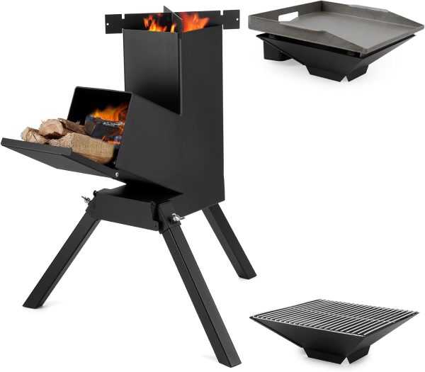 Large 3 in 1 Rocket Stove with Grill Rack, Griddle and Pot Cooking Stand, Heavy Duty Wood Burning Stove for Cooking, Camping wood Stove Kit for Off-Grid Supply, Outdoor Backyard Cooking