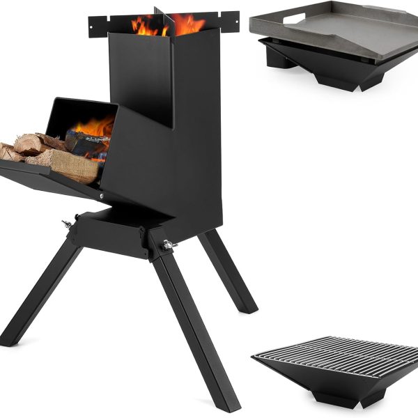 Large 3 in 1 Rocket Stove with Grill Rack, Griddle and Pot Cooking Stand, Heavy Duty Wood Burning Stove for Cooking, Camping wood Stove Kit for Off-Grid Supply, Outdoor Backyard Cooking