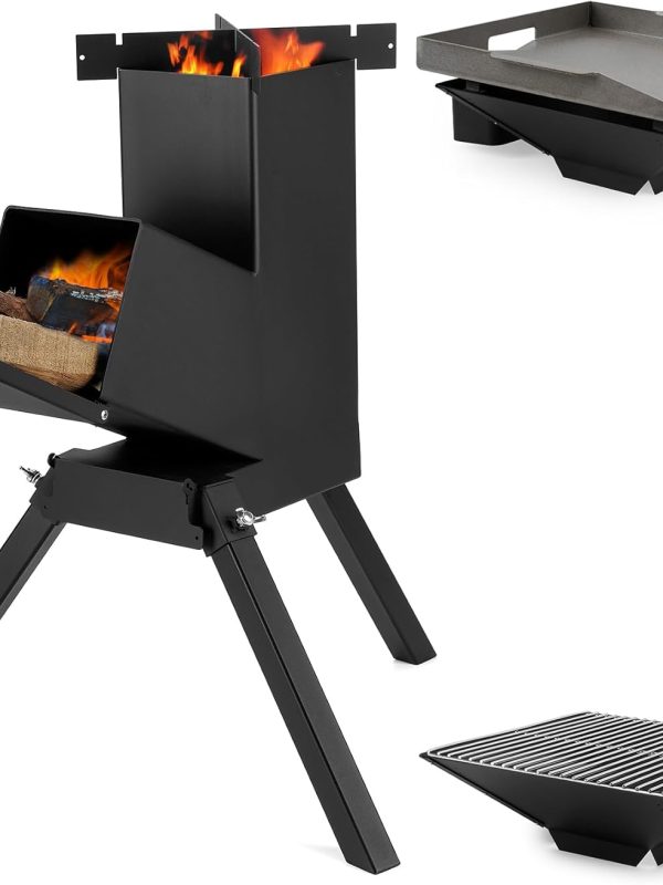 Large 3 in 1 Rocket Stove with Grill Rack, Griddle and Pot Cooking Stand, Heavy Duty Wood Burning Stove for Cooking, Camping wood Stove Kit for Off-Grid Supply, Outdoor Backyard Cooking