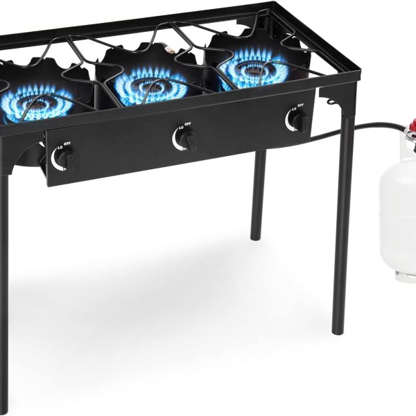 Camping Stove, 3 Burner Propane Camp Stove w/Detachable Legs, 225,000-BTU Output, 20 PSI Regulator & CSA Certification, 30’’ Outdoor Gas Stove, High Pressure Propane Burner for BBQ (3 Burner)