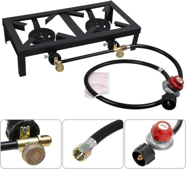 Portable Double Burner Outdoor Gas Stove Propane Cooker with Adjustable 0-20Psi Regulator Hose for Patio Camping, BBQ, Home Brewing, Turkey Fry, Maple Syrup Prep