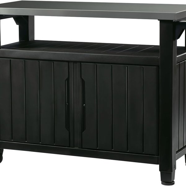 XL Portable Outdoor Table with Stainless Steel Top for Kitchen Prep and Outdoor Storage Cabinet for Grilling Accessories, Dark Grey