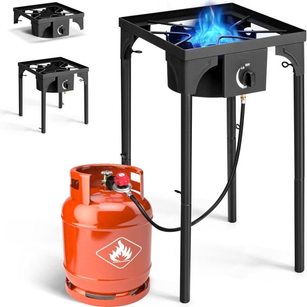 1 Burner Propane Gas Stove for Outdoor Cooking, 75,000 BTU Camping Cooker with Removable Legs, Temperature Control Knobs for Backyard Cooking, BBQ, Baking and Frying(Single Burner)