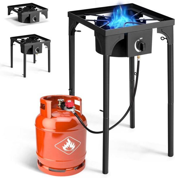 1 Burner Propane Gas Stove for Outdoor Cooking, 75,000 BTU Camping Cooker with Removable Legs, Temperature Control Knobs for Backyard Cooking, BBQ, Baking and Frying(Single Burner)