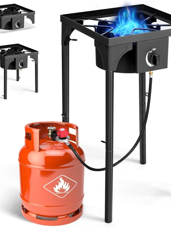 1 Burner Propane Gas Stove for Outdoor Cooking, 75,000 BTU Camping Cooker with Removable Legs, Temperature Control Knobs for Backyard Cooking, BBQ, Baking and Frying(Single Burner)