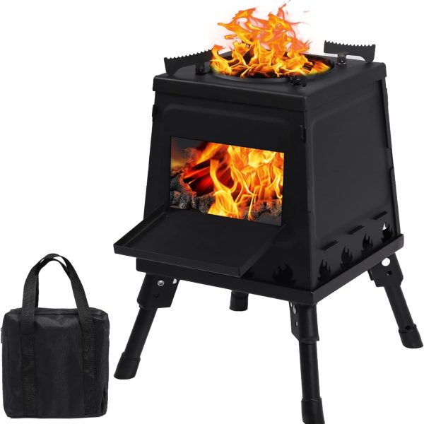 Wood Burning Camp Stove, Portable Cast Iron Camping Wood Stove, Black Woodstove with Carrying Case for Backpacking Outdoor Cooking, Small