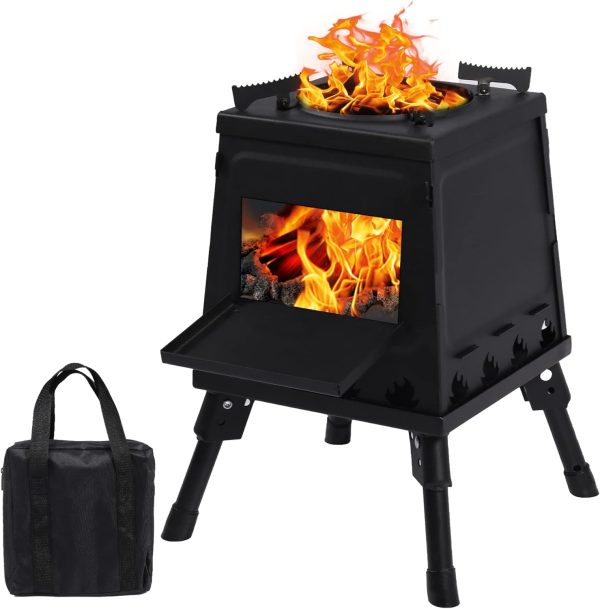 Wood Burning Camp Stove, Portable Cast Iron Camping Wood Stove, Black Woodstove with Carrying Case for Backpacking Outdoor Cooking, Small