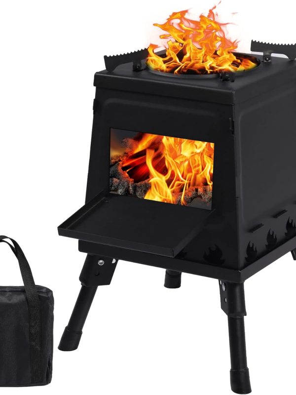 Wood Burning Camp Stove, Portable Cast Iron Camping Wood Stove, Black Woodstove with Carrying Case for Backpacking Outdoor Cooking, Small