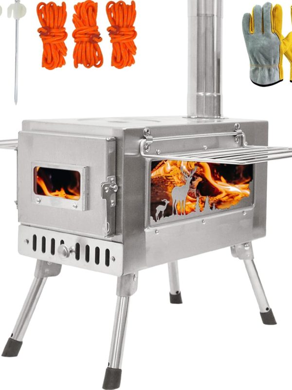 Outdoor Wood Burning Stove, Portable with Chimney Pipe for Cooking, Camping, Tent, Hiking, Fishing, Backpacking