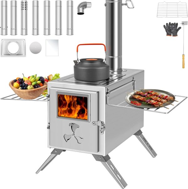 Portable Camping Wood Burning Stove with Chimney,Tent Heating Burner Stove,Stainless Steel Camp Wood Stove Folding Hot Tent Stove with 7 Section Chimney Pipes for Outdoor Hiking Backpacking
