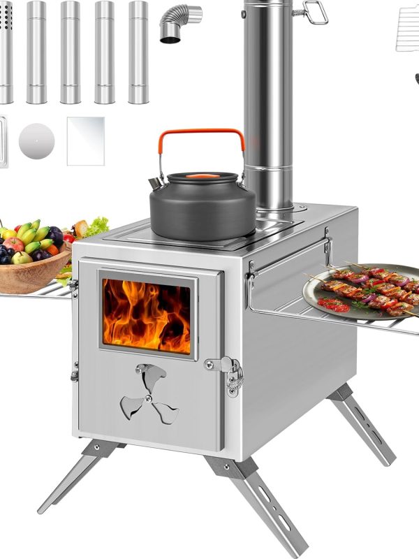 Portable Camping Wood Burning Stove with Chimney,Tent Heating Burner Stove,Stainless Steel Camp Wood Stove Folding Hot Tent Stove with 7 Section Chimney Pipes for Outdoor Hiking Backpacking