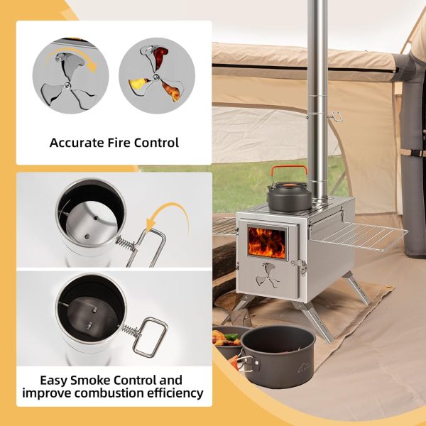 Portable Camping Wood Burning Stove with Chimney,Tent Heating Burner Stove,Stainless Steel Camp Wood Stove Folding Hot Tent Stove with 7 Section Chimney Pipes for Outdoor Hiking Backpacking