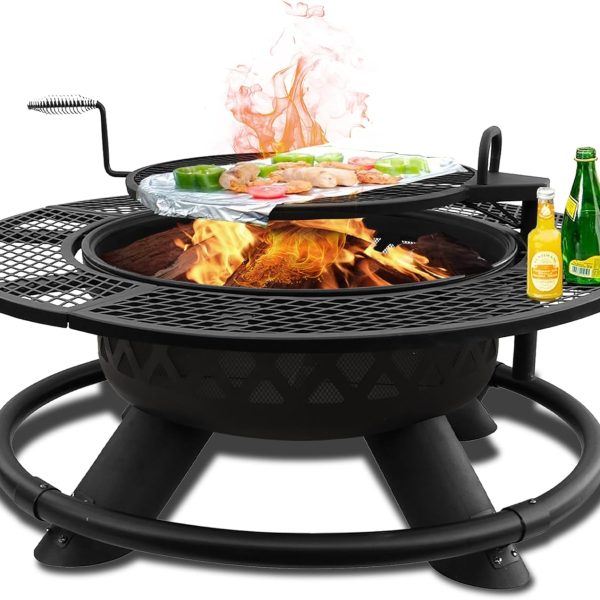 47" Outdoor Fire Pit with Adjustable Grill, Outdoor Large Wood Burning BBQ Grill Firepit Bowl, Bonfire Patio Fire Pits with Cooking grates, 2-in-1 Steel Round Table for Backyard