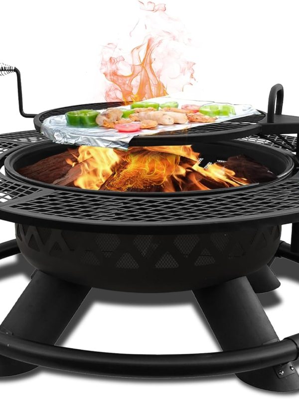 47" Outdoor Fire Pit with Adjustable Grill, Outdoor Large Wood Burning BBQ Grill Firepit Bowl, Bonfire Patio Fire Pits with Cooking grates, 2-in-1 Steel Round Table for Backyard