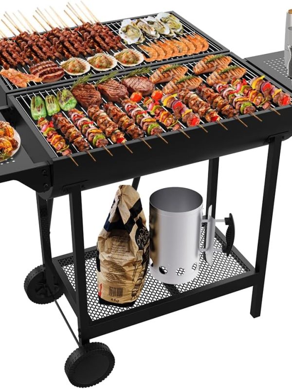 Extra Large Charcoal Grill, 824.6 Square Inches Extra Large Cooking Space, Outdoor Barbecue Grill with 2 Foldable Side Tables, Ideal for Large Outdoor Parties