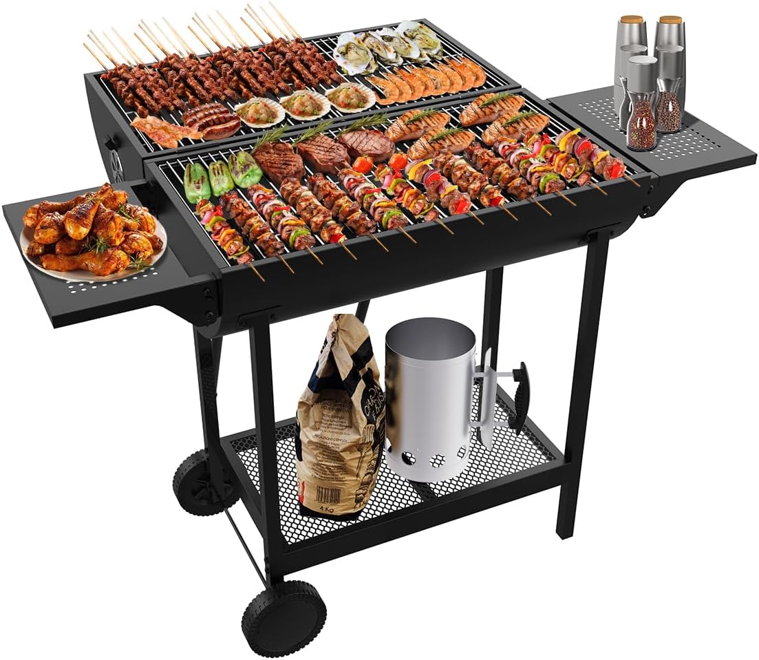 Extra Large Charcoal Grill, 824.6 Square Inches Extra Large Cooking Space, Outdoor Barbecue Grill with 2 Foldable Side Tables, Ideal for Large Outdoor Parties