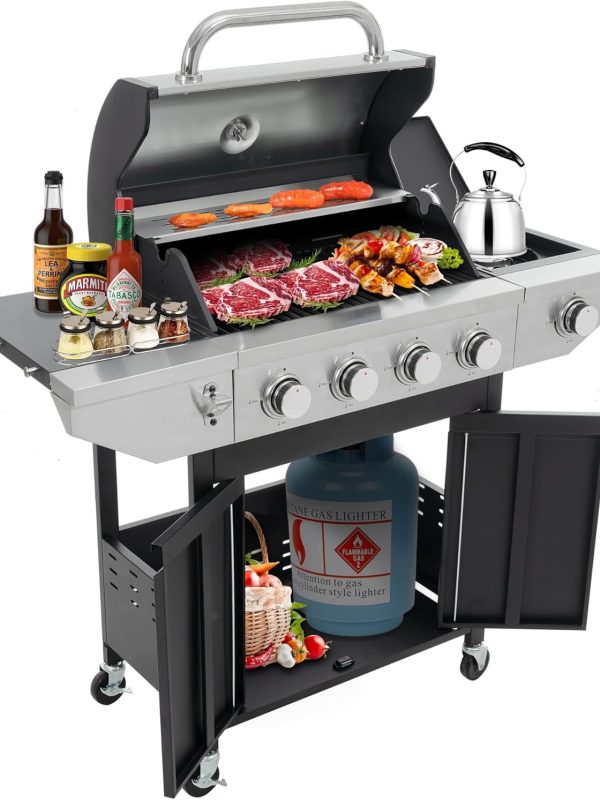 4 Burner Propane Gas Grill with Side Burner & Enameled Cast Iron Grates, 46,500BTU Output Stainless Steel BBQ Grill, Outdoor Cooking Camping Barbecue Grill for Patio, Garden, Backyard