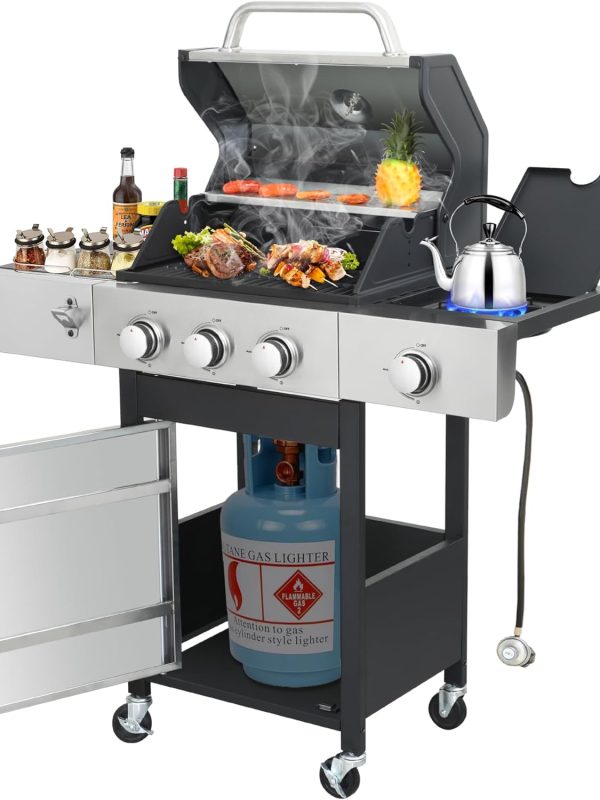 3-Burner Propane Gas Grill with Side Burner & Porcelain-Enameled Cast Iron Grates, 37230 BTU Output Stainless Steel BBQ Grill for Outdoor Camping Barbecue for Patio, Garden, Backyard