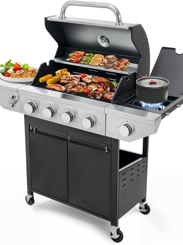 4 Burner Propane Gas Grill with Side Burner, Stainless Steel BBQ Grill 48,500 BTU for Outdoor Cooking Kitchen, Garden and Patio Backyard Barbecue, Black and Silver