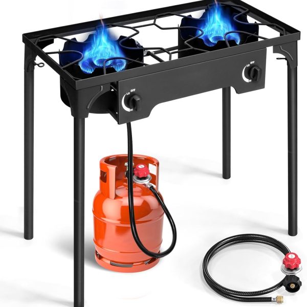 2 Burner Propane Gas Stove for Outdoor Cooking, 150,000 BTU Camping Cooker with Removable Legs, Temperature Control Knobs for Backyard Cooking, BBQ, Baking and Frying