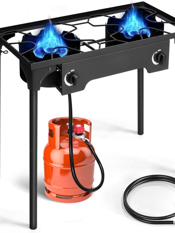 2 Burner Propane Gas Stove for Outdoor Cooking, 150,000 BTU Camping Cooker with Removable Legs, Temperature Control Knobs for Backyard Cooking, BBQ, Baking and Frying