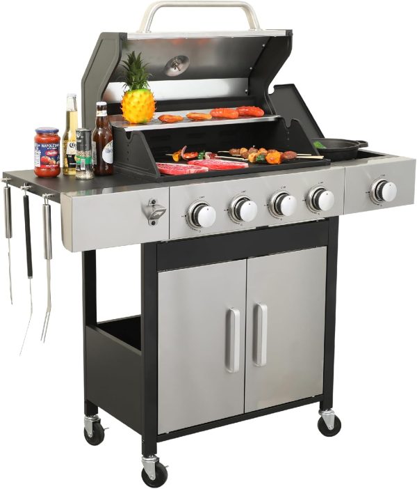 4 Burner Propane Gas Grill with Side Burner & Porcelain-Enameled Cast Iron Grates & Grids, 46790BTU Output Stainless Steel BBQ Grill for Outdoor Cooking Camping Barbecue Grill for Patio