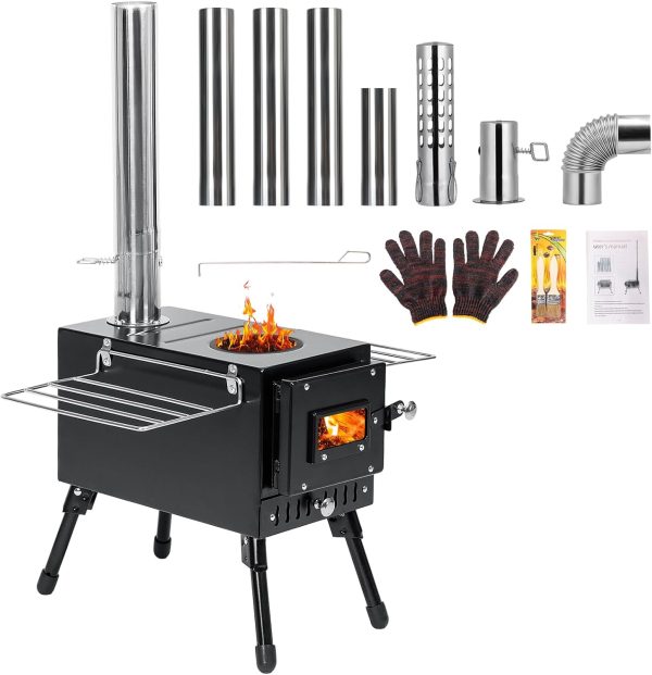 Wood Stove, Outdoor Wood Burning Stove, Camping stove, Portable Tent Stove with Heat Control Stovepipe & Elbow pipe for Outdoor Cooking, Camping and Ice-fishing