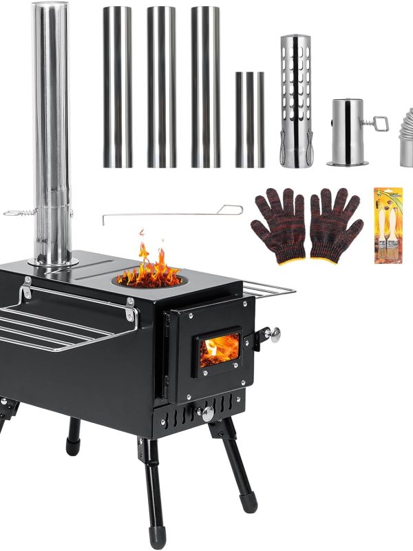 Wood Stove, Outdoor Wood Burning Stove, Camping stove, Portable Tent Stove with Heat Control Stovepipe & Elbow pipe for Outdoor Cooking, Camping and Ice-fishing