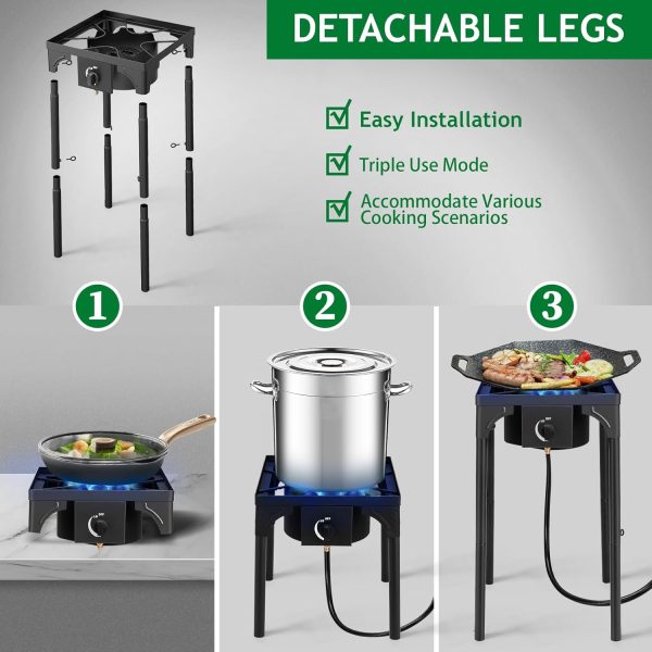 1 Burner Propane Gas Stove for Outdoor Cooking, 75,000 BTU Camping Cooker with Removable Legs, Temperature Control Knobs for Backyard Cooking, BBQ, Baking and Frying(Single Burner)