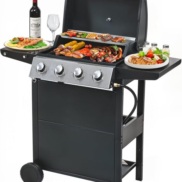4 Burner Propane Gas Grill, Stainless Steel BBQ Grill 40,000 BTU for Outdoor Cooking Kitchen, Garden and Patio Backyard Barbecue, Black and Silver