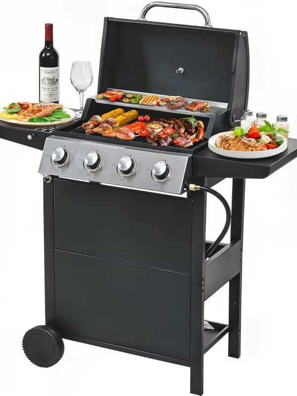 4 Burner Propane Gas Grill, Stainless Steel BBQ Grill 40,000 BTU for Outdoor Cooking Kitchen, Garden and Patio Backyard Barbecue, Black and Silver