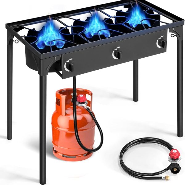 3 Burner Propane Gas Stove for Outdoor Cooking, 225,000 BTU Camping Cooker with Removable Legs, Temperature Control Knobs for Backyard Cooking, BBQ, Baking and Frying
