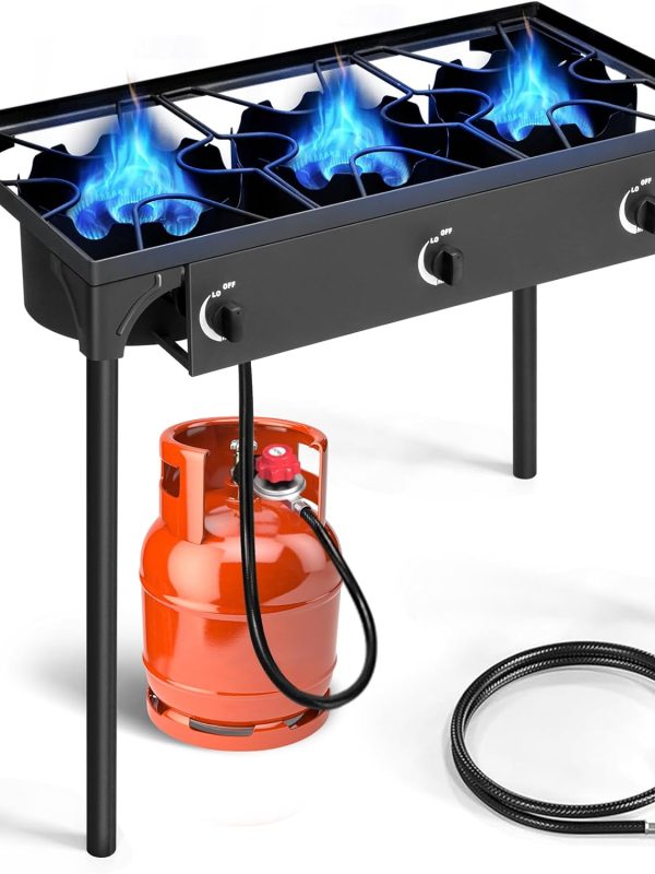 3 Burner Propane Gas Stove for Outdoor Cooking, 225,000 BTU Camping Cooker with Removable Legs, Temperature Control Knobs for Backyard Cooking, BBQ, Baking and Frying