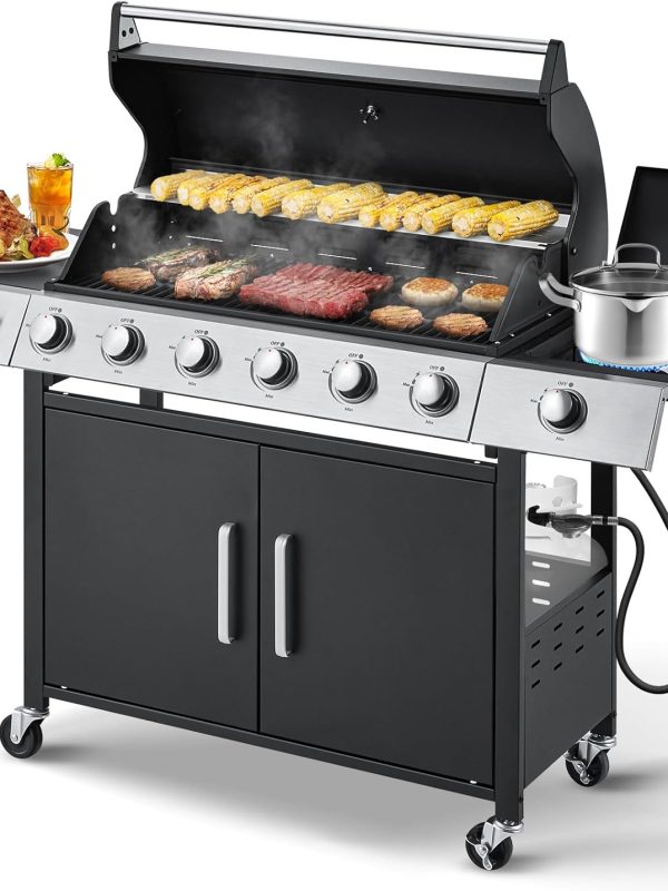 6 Burner BBQ Propane Gas Grill with Cast Iron Grates, 60,000 BTU Stainless Steel Burner Barbecue Grill for Patio,Camping,Outdoor Cooking