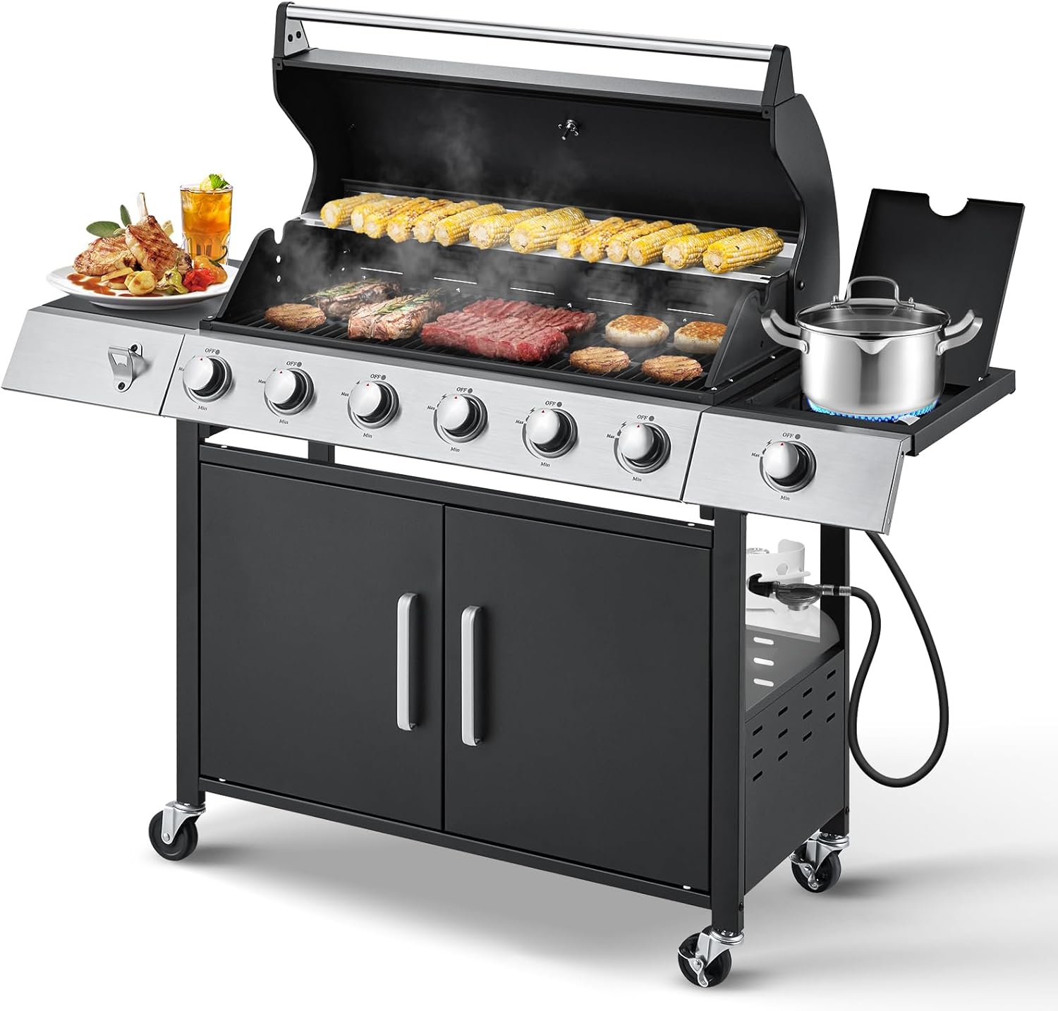6 Burner BBQ Propane Gas Grill with Cast Iron Grates, 60,000 BTU Stainless Steel Burner Barbecue Grill for Patio,Camping,Outdoor Cooking