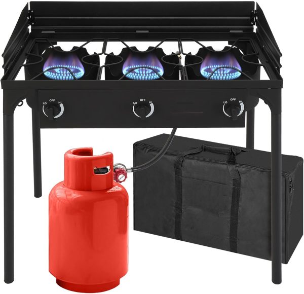 3-Burner Outdoor Portable Propane Burner Stove 225,000-BTU Gas Cooker with Windscreen & Carrying Bag, Heavy Duty Iron Cast Patio Burner with Detachable Stand Legs for Camp Cooking