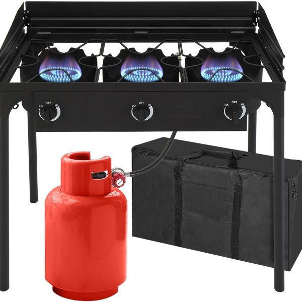 3-Burner Outdoor Portable Propane Burner Stove 225,000-BTU Gas Cooker with Windscreen & Carrying Bag, Heavy Duty Iron Cast Patio Burner with Detachable Stand Legs for Camp Cooking