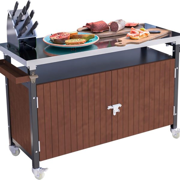 Grill Cart with Stainless Steel Tabletop - Outdoor Storage Cabinet for BBQ, Bar Patio Kitchen Island with Ample Storage and Lockable Wheels