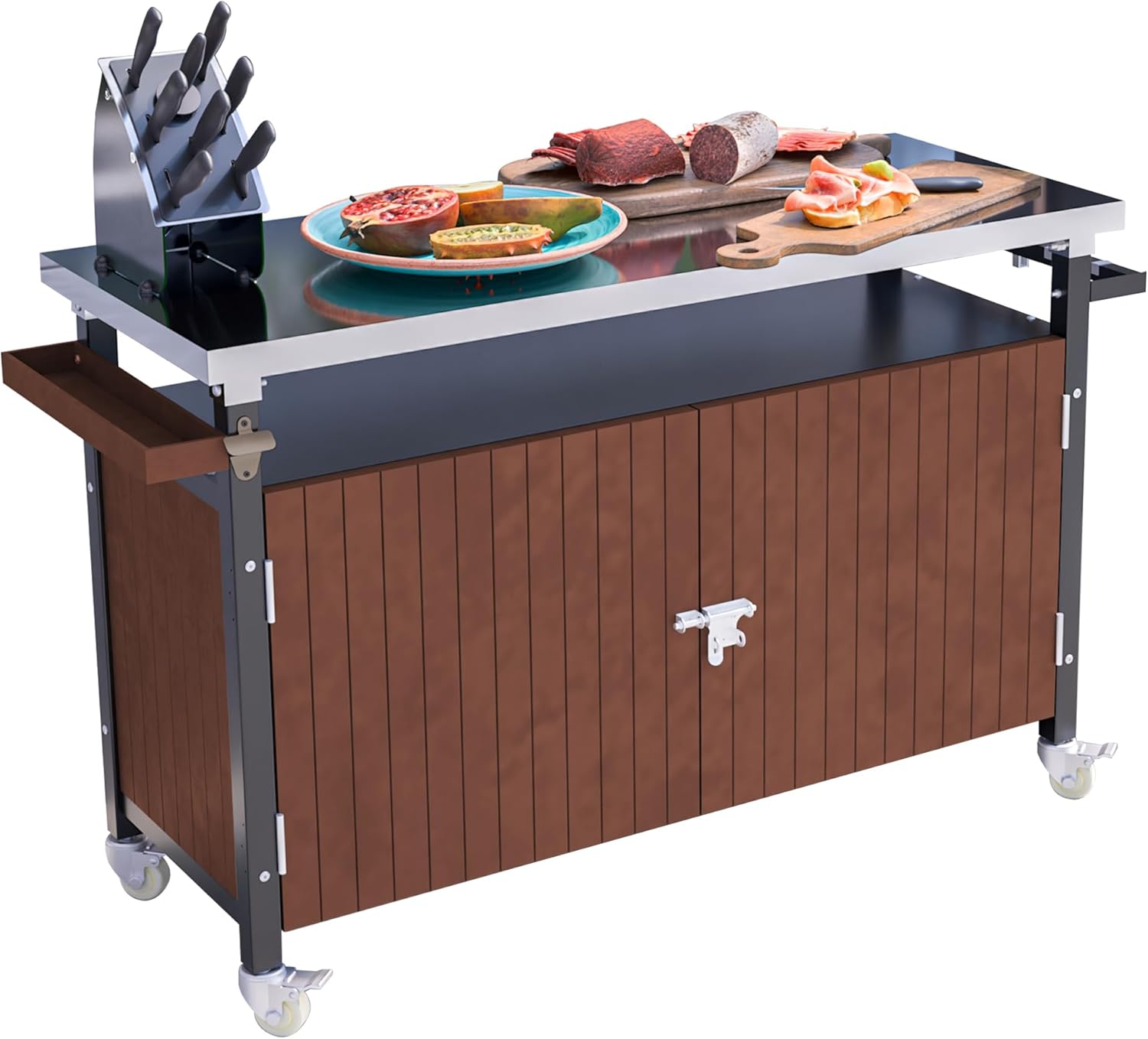 Grill Cart with Stainless Steel Tabletop - Outdoor Storage Cabinet for BBQ, Bar Patio Kitchen Island with Ample Storage and Lockable Wheels