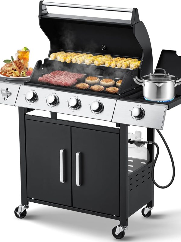 4 Burner BBQ Propane Gas Grill with Cast Iron Grates, 42,000 BTU Stainless Steel Burner Barbecue Grill for Patio,Camping,Outdoor Cooking