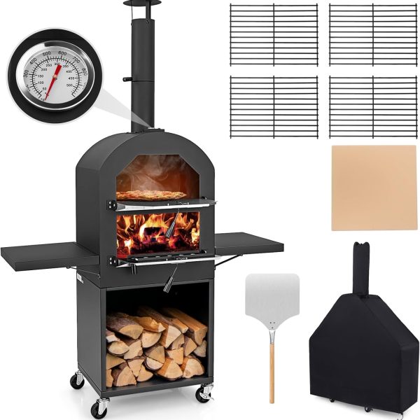 Pizza Oven Outdoor - Wood Fired Pizza Oven with 2 Side Tables, Pizza Stone, Pizza Peel, Cover, Cooking Grids, Pizza Maker on Wheels for Outside Charcoal Grill Backyard Party Camping