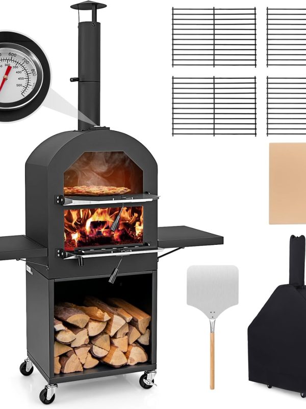 Pizza Oven Outdoor - Wood Fired Pizza Oven with 2 Side Tables, Pizza Stone, Pizza Peel, Cover, Cooking Grids, Pizza Maker on Wheels for Outside Charcoal Grill Backyard Party Camping