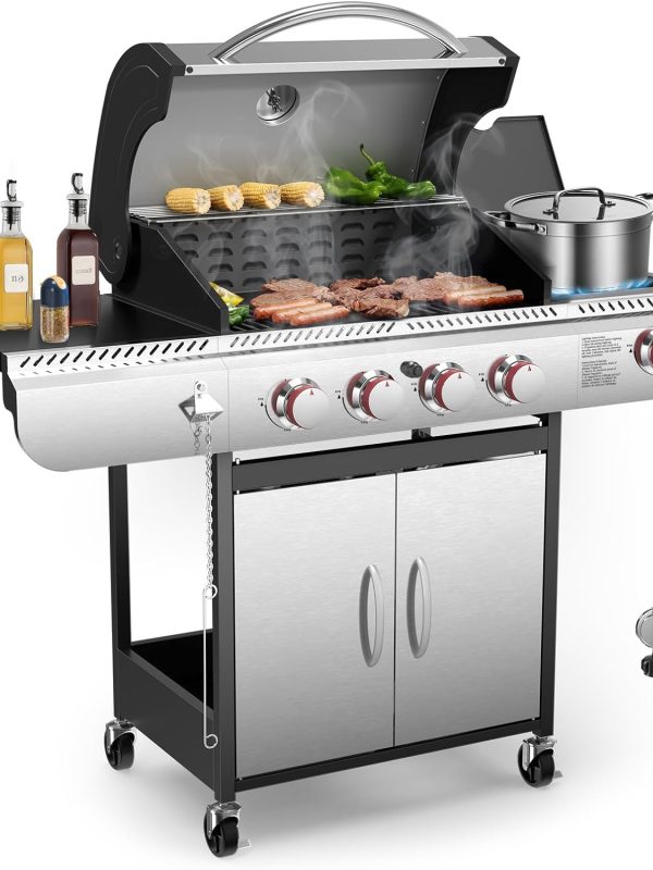 4-Burner Gas BBQ Grill with Side Burner, Porcelain-Enameled Cast Iron Grates, Baking Pan, 42,000 BTU Stainless Steel Propane Grill for Outdoor Cooking and Patio Barbecues